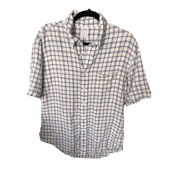 Brooks Brothers 100% Linen Shirt Blue White Plaid Regent Short Sleeve Men's L - Picture 1 of 5